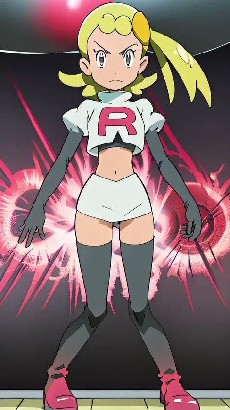 masterpiece, best quality, highres,team rocket uniform, red letter r, white skirt, white crop top, black thigh-high boots, black elbow gloves, glaring angrily, looking at viewer, hands on hips, full body seen, zettai ryouiki