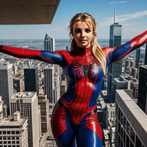 britney spears spiderman outfit posing on a skyscraper outdoors, woman body, girl body,