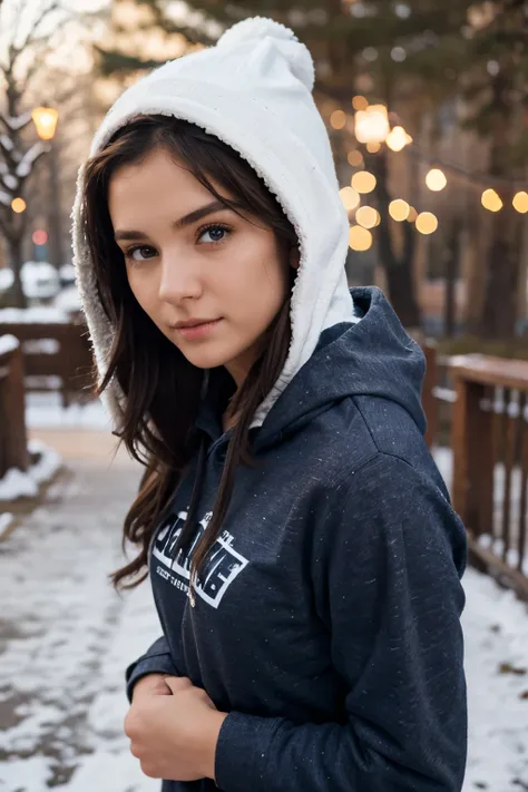 girl wear a branded hoddies , looking real human camera photo , and doing modeling shoot, in a winter park