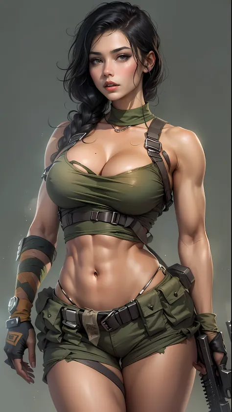 Beautiful woman with a detailed defined body,, Dressed in a South African special forces costume, huge tit , thin waist, full buttocks、Beautiful black hair