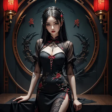 demonic, nordic, adorned in a gothic style cheongsam dress, imagine the demon girl wearing an intricately designed cheongsam wit...