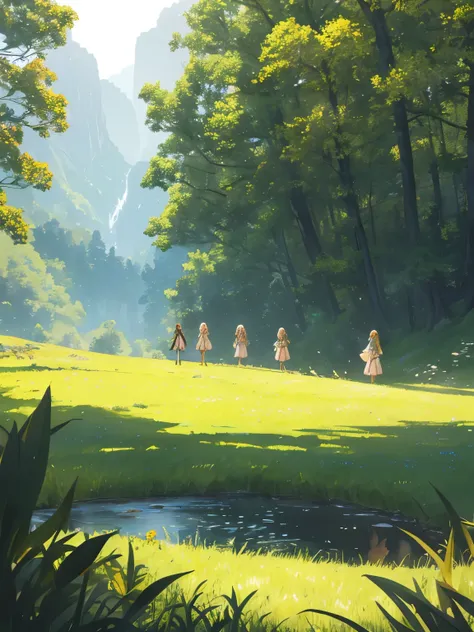 In a green meadow stands a girl leading a group of knights.
BREAK
With a brave expression, she guides them towards their destination.
BREAK
Behind her, a green forest stretches out and beyond that, mountains rise in the distance.
BREAK
The most suitable ef...