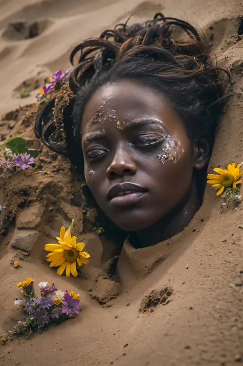 A body of a dead African woman, dark skin, partly fermented body, half hidden in the sand, wild flowers, full of detail and texture. Its awful and beautiful at the same time. 