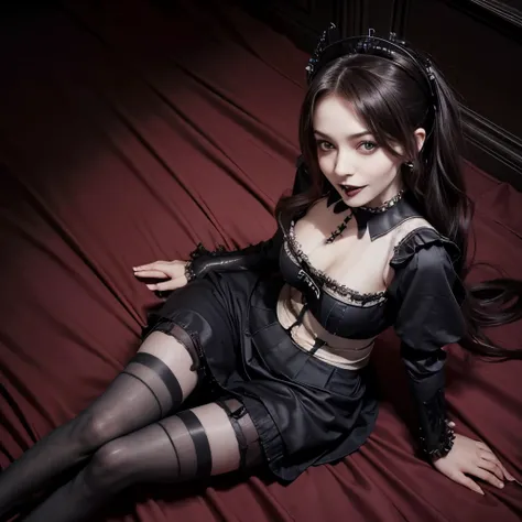 best quality, high resolution, 1woman, full body, hotel room, realistic, pale skin, , happy smile, brown eyes, (gothic lolita 1:1.5),long skirt, bare breasts,,panties under pantyhose, (clothed1:1.7),from above