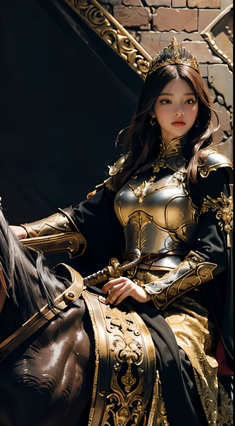 Highest image quality, outstanding details, ultra-high resolution, (realism: 1.4), the best illustration, favor details, highly condensed 1girl, with a delicate and beautiful face, gigantic ,sexy dressed in a black and gold armor of medieval age, wearing a...