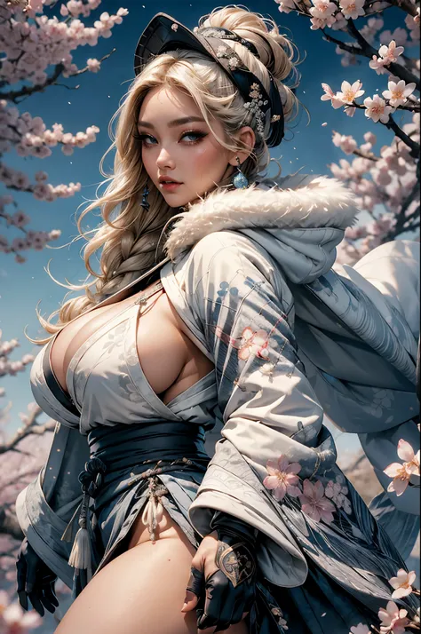 1girl, icestylesamurai, white skin, very long blonde hair, vibrant moonlight eyes, long detailed eyelashes, gloves, wide sleeves, , tassel, sash, the most beautiful and highly detailed hooded kimono, fur trim, curvy body type, perfect ass, thick thighs, su...