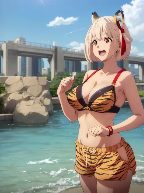 best image quality、high quality、girl,urusei yatsura cosplay、Tiger Print Bra、Bra without shoulder straps、Tiger Print Shorts、Tiger Print Clothing、devil&#39;s horns、Sexy Cosplay,sexy pose、In the sky、青In the sky浮かぶ、in the sky,(((空から舞い降りるgirl)))、Body floating i...