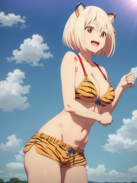 best image quality、high quality、girl,urusei yatsura cosplay、Tiger Print Bra、Bra without shoulder straps、Tiger Print Shorts、Tiger Print Clothing、devil&#39;s horns、Sexy Cosplay,sexy pose、In the sky、青In the sky浮かぶ、in the sky,(((空から舞い降りるgirl)))、Body floating i...