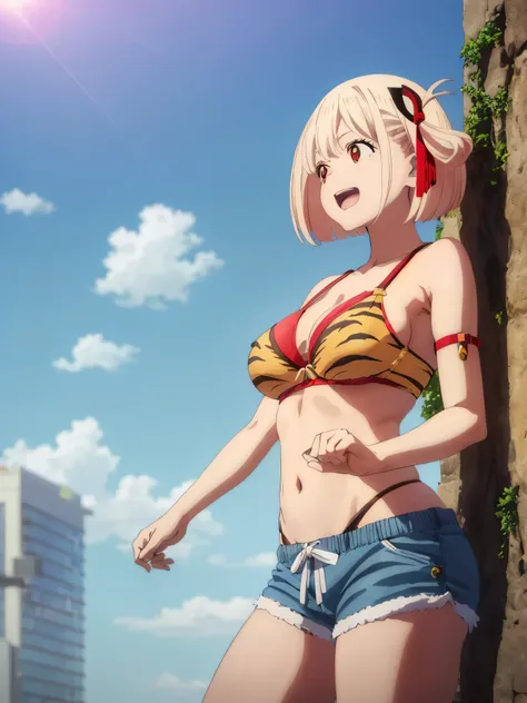 best image quality、high quality、girl,urusei yatsura cosplay、Tiger Print Bra、Bra without shoulder straps、Tiger Print Shorts、Tiger Print Clothing、devil&#39;s horns、Sexy Cosplay,sexy pose、In the sky、青In the sky浮かぶ、in the sky,(((空から舞い降りるgirl)))、Body floating i...