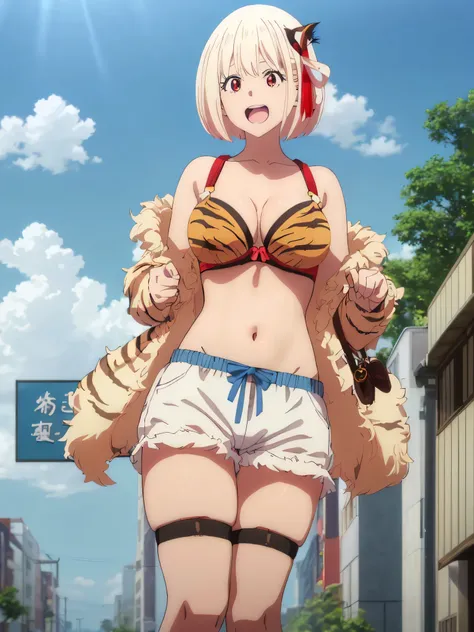 best image quality、high quality、girl,urusei yatsura cosplay、Tiger Print Bra、Bra without shoulder straps、Tiger Print Shorts、Tiger Print Clothing、devil&#39;s horns、Sexy Cosplay,sexy pose、In the sky、青In the sky浮かぶ、in the sky,(((空から舞い降りるgirl)))、Body floating i...