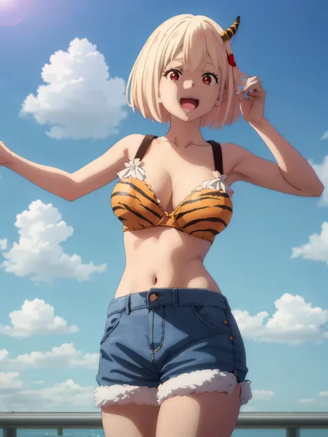 best image quality、high quality、girl,urusei yatsura cosplay、Tiger Print Bra、Bra without shoulder straps、Tiger Print Shorts、Tiger Print Clothing、devil&#39;s horns、Sexy Cosplay,sexy pose、In the sky、青In the sky浮かぶ、in the sky,(((空から舞い降りるgirl)))、Body floating i...