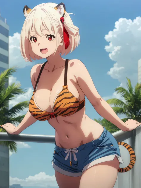 best image quality、high quality、girl,urusei yatsura cosplay、Tiger Print Bra、Bra without shoulder straps、Tiger Print Shorts、Tiger Print Clothing、devil&#39;s horns、Sexy Cosplay,sexy pose、In the sky、青In the sky浮かぶ、in the sky,(((空から舞い降りるgirl)))、Body floating i...