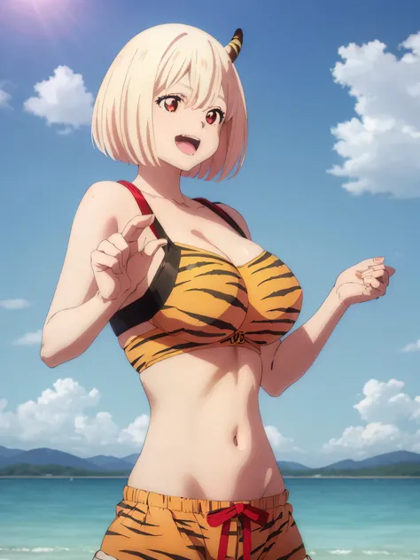 best image quality、high quality、４K,girl,urusei yatsura cosplay、Tiger Print Bra、Bra without shoulder straps、Tiger Print Shorts、Tiger Print Clothing、devil&#39;s horns、Sexy Cosplay,sexy pose、In the sky、青In the sky浮かぶ、in the sky,(((空から舞い降りるgirl)))、Body floatin...