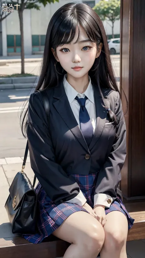 South Korean girl, extremely beautiful, All of Us are Dead style, Choi Nam-ra, always repeating the same face, always repeating the same appearance, always repeating the same proportions, always repeating the same clothes, alone, full body, looking at the ...