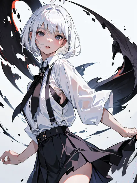 ((masterpiece, highest quality)), (1 girl), (alone), (female focus), (Ahoge, gray hair, short hair), black eye, ((white shirt), (buttoned shirt)), ((black skirt), (short skirt)), Are standing, white background, turn your arms behind your back, big breasts,