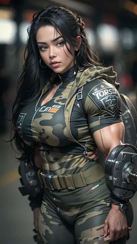 Beautiful woman with a detailed defined body, (((Massive Female Bodybuilder))), Dressed in a South African special forces costume, huge tit , thin waist, full buttocks、Beautiful black hair