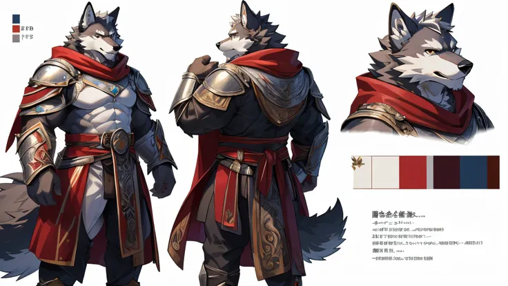 Perfect Anatomy, (ultra detailed), sharp focus, niji, eyesgod, black eye, furry, light-white fur, brown fur, white beard, anthro (wolf), male, middle-aged, gray body, white belly, tail, muscular, knight costume, long red cherry cloak, ultra detailed face, ...