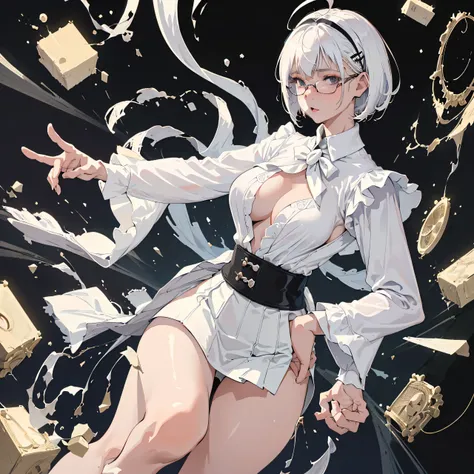 ((masterpiece, highest quality)), (1 girl), (alone), (female focus), (Ahoge, gray hair, short hair), (black eye, Big eyes, Rimless glasses), ((white shirt), (buttoned shirt)), ((black skirt), (short skirt)), Are standing, white background, turn your arms b...