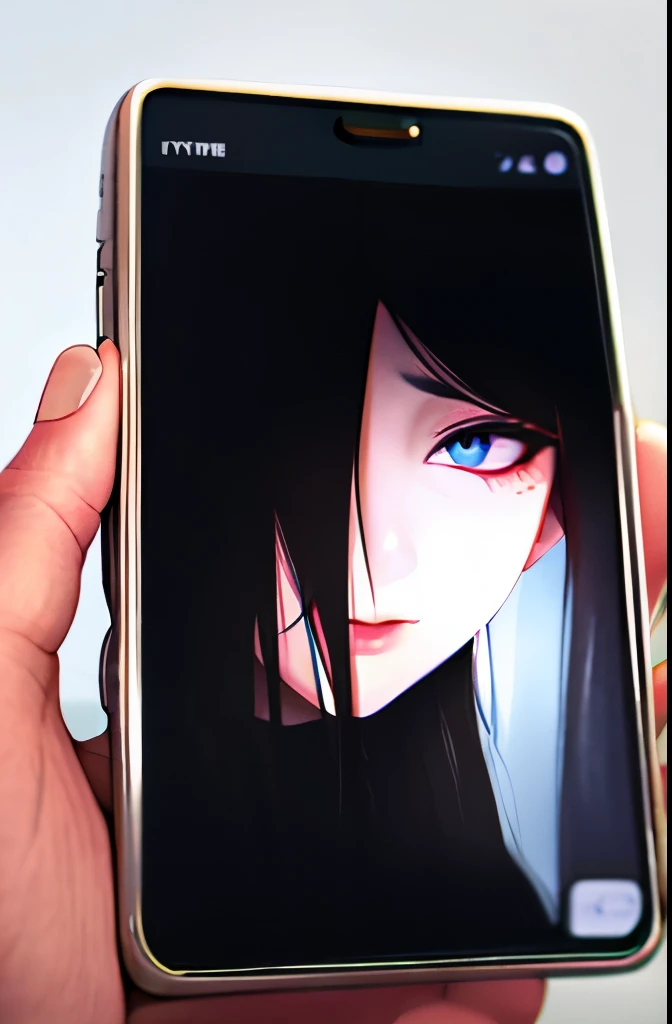 1 girl, photograph, ahegao, big breasts, black hair, {hair above one eye}, dark background, smartphoneでphotographされる女