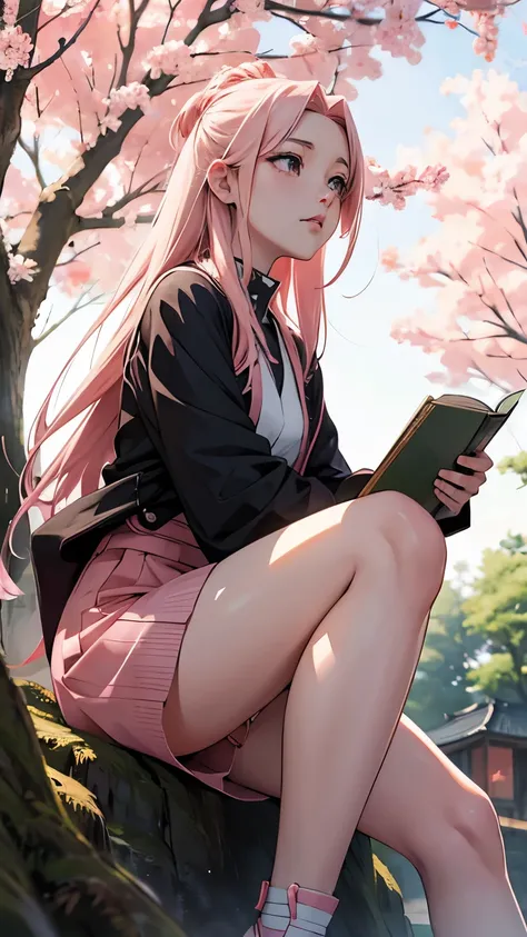 Haruno Sakura, introspective pose, looking away from view, long hair, book in hand, book cover, anime style, masashi kishimoto artstyle