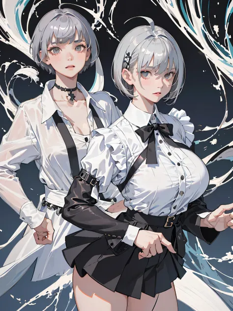 ((masterpiece, highest quality)), (1 girl), (alone), (female focus), (Ahoge, gray hair, short hair), black eye, ((white shirt), (buttoned shirt)), ((black skirt), (short skirt)), Are standing, white background, turn your arms behind your back, (huge breast...