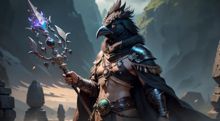 "A crow kenku shaman with ancient black faeric armor with emeralds, pele escura, wearing detailed armor and sporting a fierce and powerful expression, uma diadema com pedra de obsidia, Holding a mystical staff of two catalysts, in an epic swampy dungeon, n...