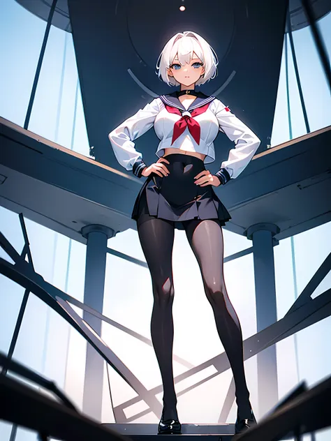 1 sexy female, sailor uniform, black pantyhose, big breasts, short white hair, standing with legs apart, hands on the hips, view...