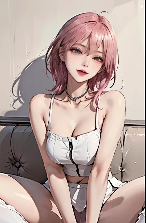 shiny eyes, (Looking at Viewer,Smile with open mouth:1.1), ((1girl in)), (maturefemale:1.4), (red blush), Solo, Pink bob hair, (Open crotch), (Spread legs), (thighs thighs thighs thighs), (Police Uniform), Laugh, On a hotel bed, masutepiece, Best Quality, ...