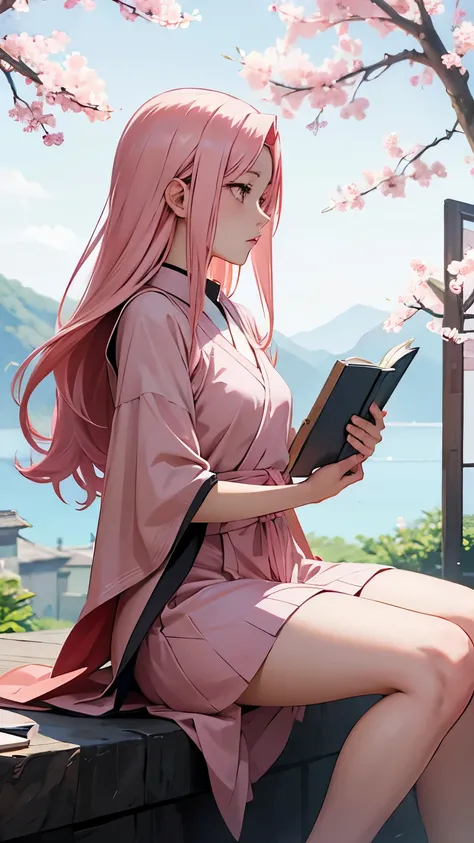 Haruno Sakura, introspective pose, looking away from view, pink long hair, book in hand, short dress, book cover, anime style, masashi kishimoto artstyle