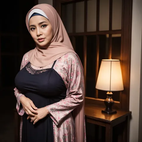 56 years Old, Hijab Indonesian mature woman, Big Tits : 196.9, (Tight Gamis), curvy body, Breast about To burst out from her clothes, at doctor office, Dark light, at Nighttime.