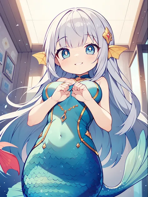 (mermaid girl:1.2), (1 person:1.2),(10 year old girl)、young girl、big breasts、 nffsw、shader、highly detailed eyes、long straight hair、silver hair、underilky hair、ultra-intricate pupil in eyes、highest quality、bright colors、Bust 100、mermaid figure(upper body nak...