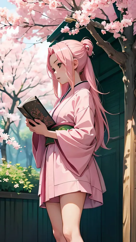 haruno sakura, pose introspectiva, olhando para longe da vista, cabelo longo rosa, book in hand, vestido curto quimono, capa de livro, estilo anime, estilo de arte de masashi kishimoto