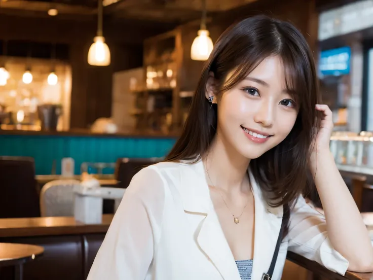 (Female clerk in café:1.4),Beautiful 16 year old woman,natural smile,