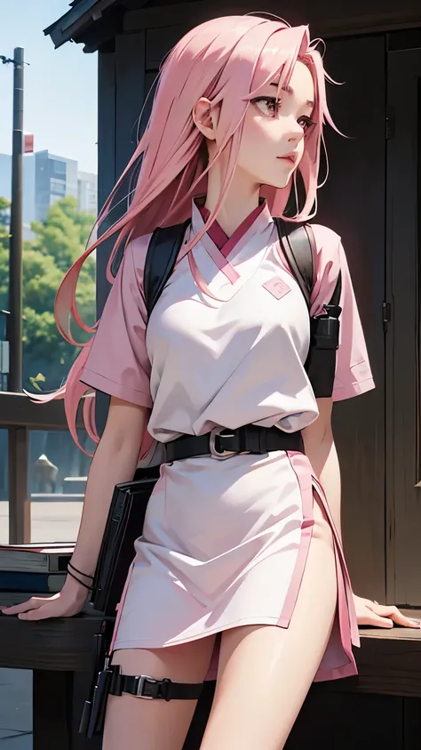 Haruno Sakura, introspective pose, looking away from view, pink long hair, book in hand, kunai holster tied on leg, short dress, book cover, anime style, masashi kishimoto artstyle