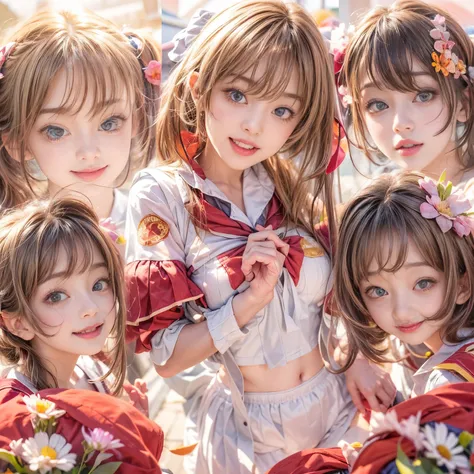 SFW, (White and Red, Ultra-detailed masterpiece:1.2), (nipple:-0.99), (((Acutance:0.8, bokeH))), (many sexy junior idols in group photograph), (((Extremely Detailed KAWAII face variations), joyful expression variations)), { Open Gigantic Cleavage and Navel...