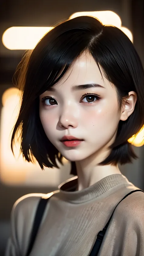 one girl, an ennui look、upper body angle、 concrete background、bob cut、 short hair, colorful hair, compensate, parted lips, red l...