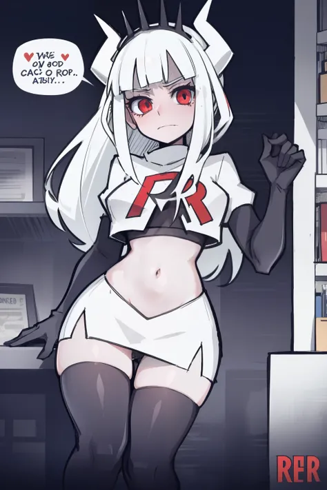 masterpiece, best quality,lucifer with crown,red eyes, white hair,team rocket,team rocket uniform,white skirt,red letter R,crop top,black thigh-highs,black elbow gloves, comic strip