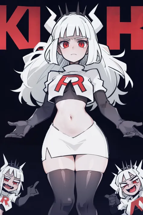 masterpiece, best quality,lucifer with crown,red eyes, white hair,team rocket,team rocket uniform,white skirt,red letter R,crop top,black thigh-highs,black elbow gloves, comic strip