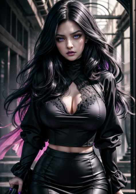 Myers, with her captivating violet lips, strikingly intense violet eyes, and voluminous wavy black hair, exudes an elegant and confident air that commands attention. Her business attire, featuring a form-fitting pencil skirt and crisp blouse that accentuat...