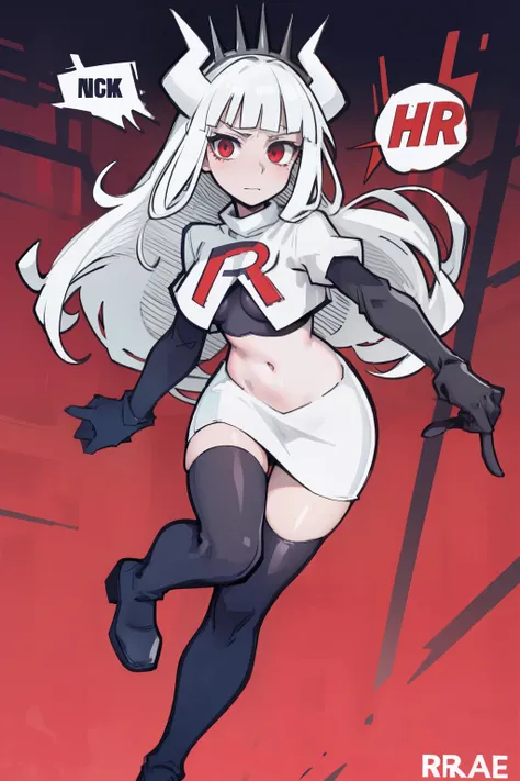 masterpiece, best quality,lucifer with crown,red eyes, white hair,team rocket,team rocket uniform,white skirt,red letter R,crop top,black thigh-highs,black elbow gloves, comic strip