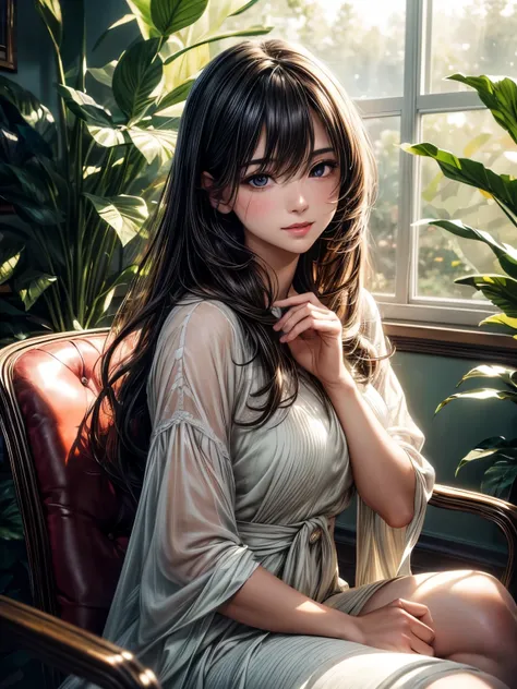 (best quality,highres,masterpiece:1.2),ultra-detailed,(realistic,photorealistic,photo-realistic:1.37),detailed,perfect face,beautiful girl with flowy dark hair,extremely detailed eyes and lips,laughing and smiling,fun,1girl,sitting in a cozy cafe with vint...