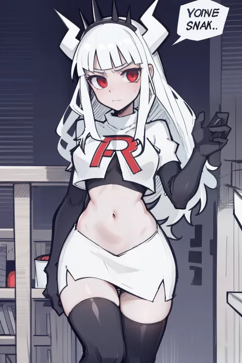 masterpiece, best quality,lucifer with crown,red eyes, white hair,team rocket,team rocket uniform,white skirt,red letter R,crop top,black thigh-highs,black elbow gloves, comic strip