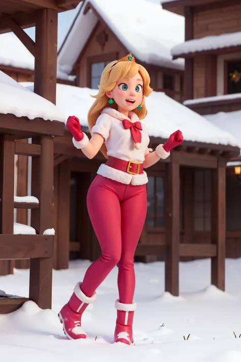 peach princess,wearing tight pants, wearing snow boots, in the snow, christmas,thick thighs