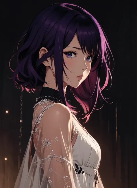 anime girl with purple hair and a white dress standing in front of a dark background, guweiz, artwork in the style of guweiz, profile of anime girl, portrait anime girl, beautiful anime portrait, portrait of an anime girl, portrait of anime girl, anime gir...