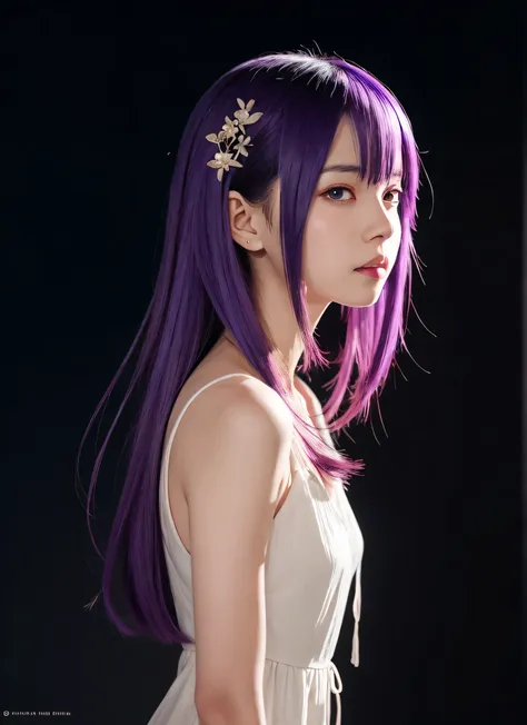 anime girl with purple hair and a white dress standing in front of a dark background, guweiz, artwork in the style of guweiz, pr...