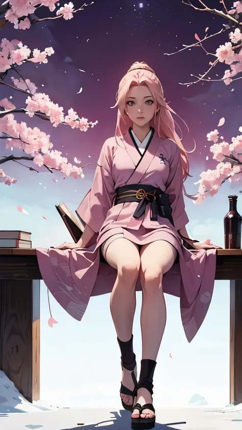 Haruno Sakura, introspective pose, looking away from view, long hair, book in hand, kunai holster tied on leg, kimono short dress, book cover, anime style, masashi kishimoto artstyle