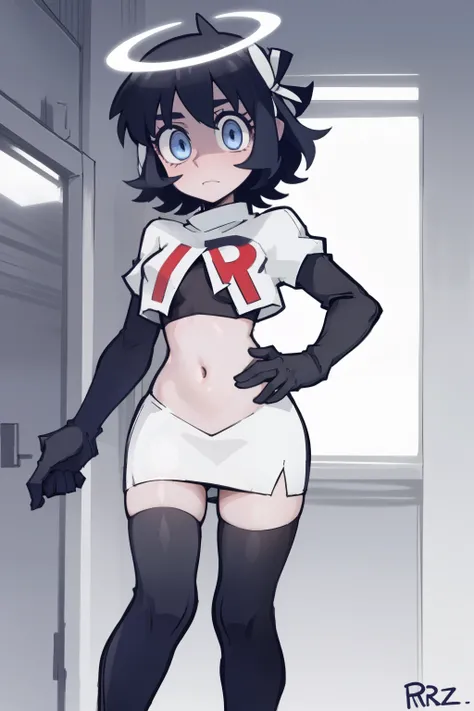 masterpiece, best quality,azazel with halo and blue eyes and black hair,team rocket,team rocket uniform,white skirt,red letter R,crop top,black thigh-highs,black elbow gloves, comic strip