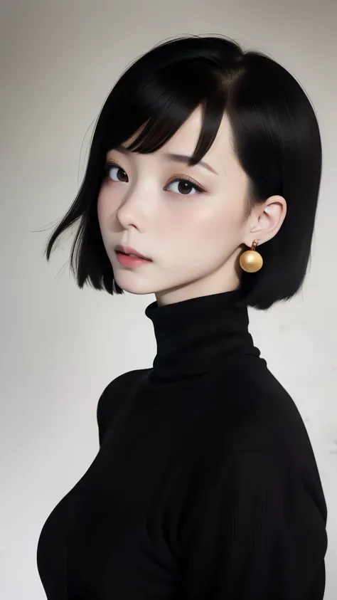 one girl, An ennui look、Upper body angle、 concrete background、slim body、small breasts、turtleneck shirt、earrings、Precisely detailed hair behavior、Barrette、bob cut、 short hair, colorful hair, compensate, parted lips, red lips, eyelinelm grain,a black and whi...