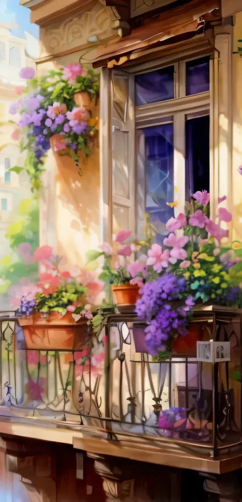 painting of a Tomado with flowers and a Tomado railing, Tomado scene, Tomado, oilpainting style, Realista, detalhada, Real, bela pintura, pintura de lindo, linda arte, linda arte, Hiroya oku pintor, on a Tomado, por Bernardo D&#39;Andrea, pintura linda, pl...