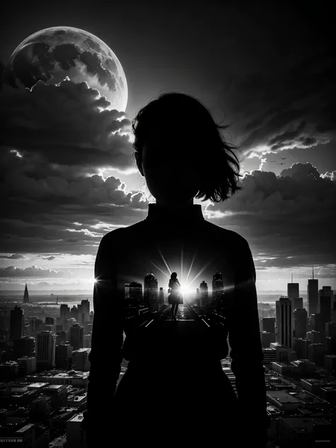 Masterpiece double exposure of a girl silhouette with monochrome apocalypse aftermath, a full color present day metropolis in the underlying backdrop, sharp contrast, detailed crisp lines, in focus, double exposure, by Skyrn99, high quality, high detail, h...